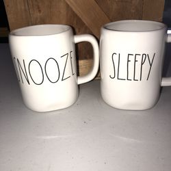 Rae Dunn By Magenta SLEEPY and SNOOZE Mug Set LL Black Farmhouse Chic Brand New