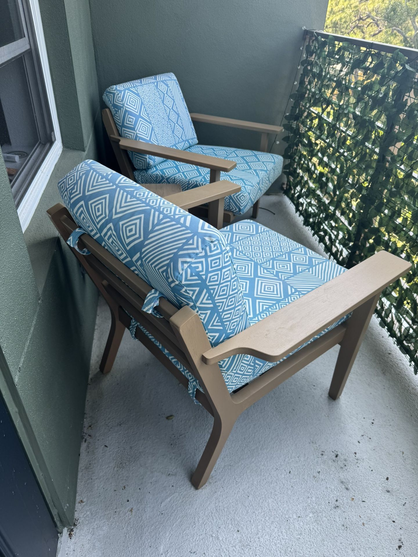 $222 OBO - 2 custom outdoor lounge chairs+table- washable cushions, sealed