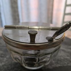 Vintage Glass & Metal Sugar Bowl With Spoon