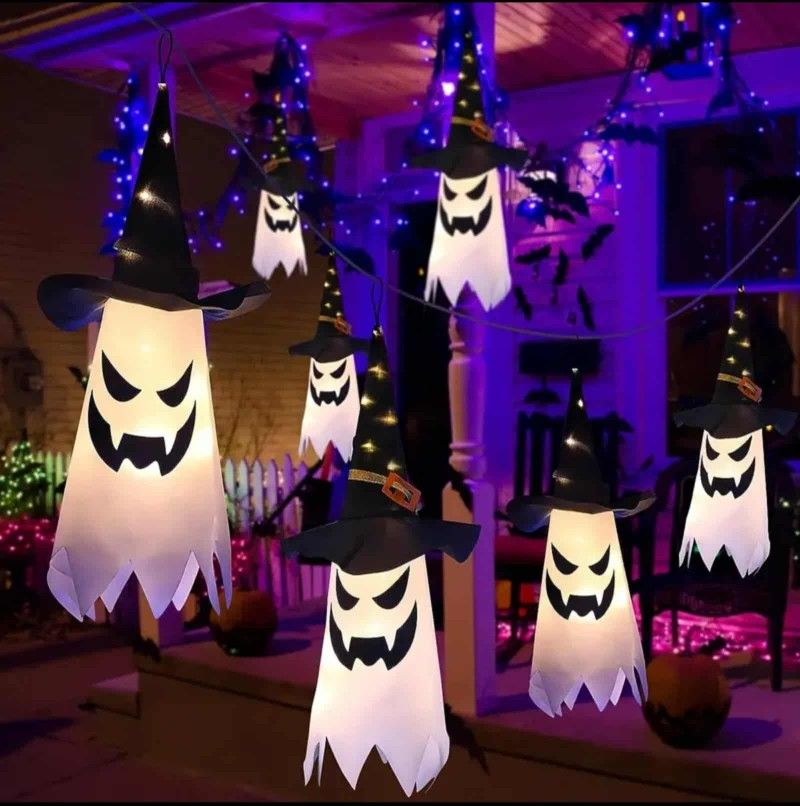 3-Pcs Halloween Ghost Light String Hanging Led Glowing Ghost Hat For Indoor, Outdoor Garden Decor