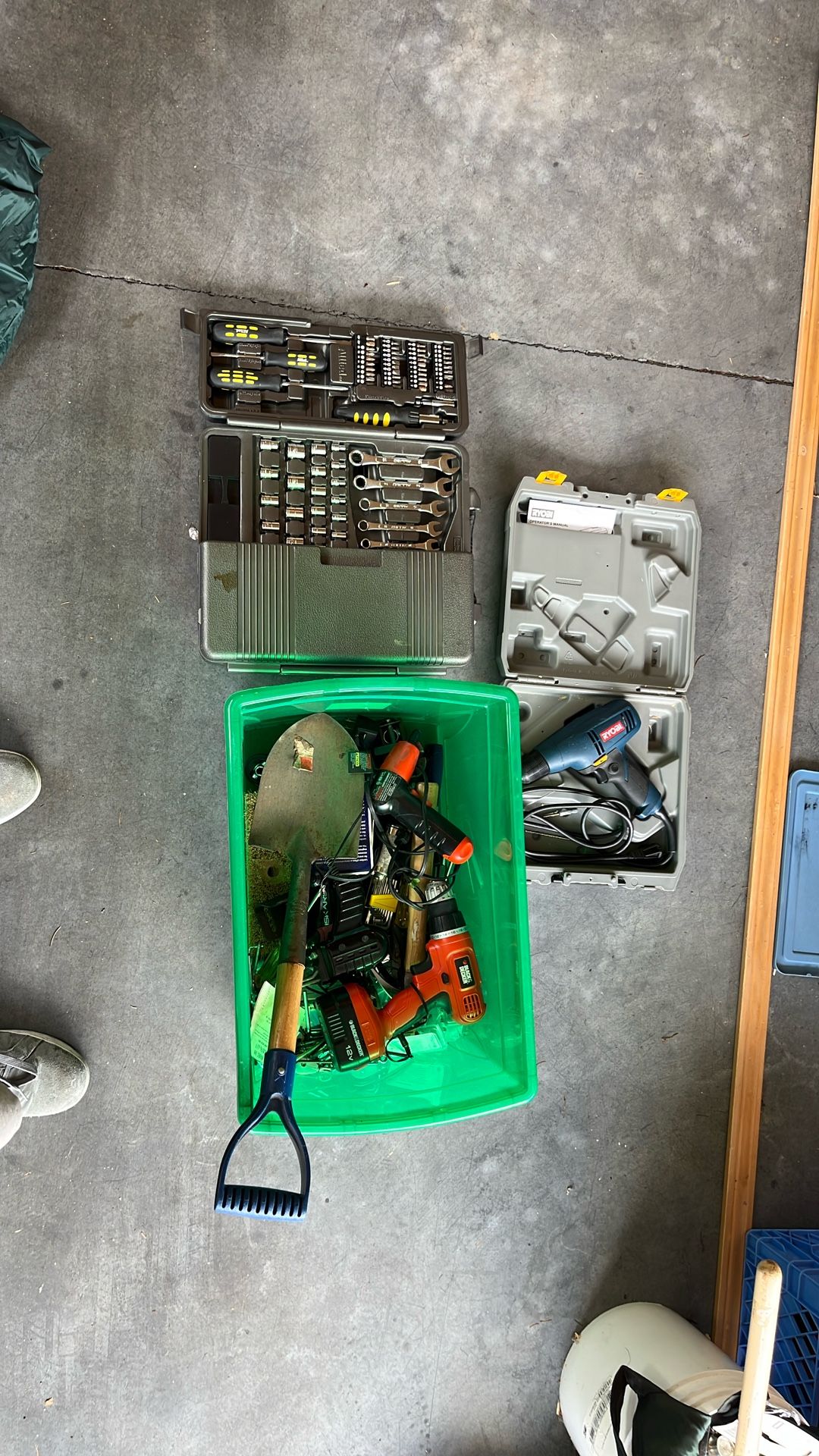 Tub Of Hand Tools And Corded Drill