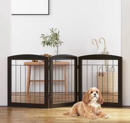 NEW Free Standing Dog Pet Gate Foldable Wooden 3 Panel Gate Espresso New, Open Box, This was sealed in plastic inside, opened it only to take pictures