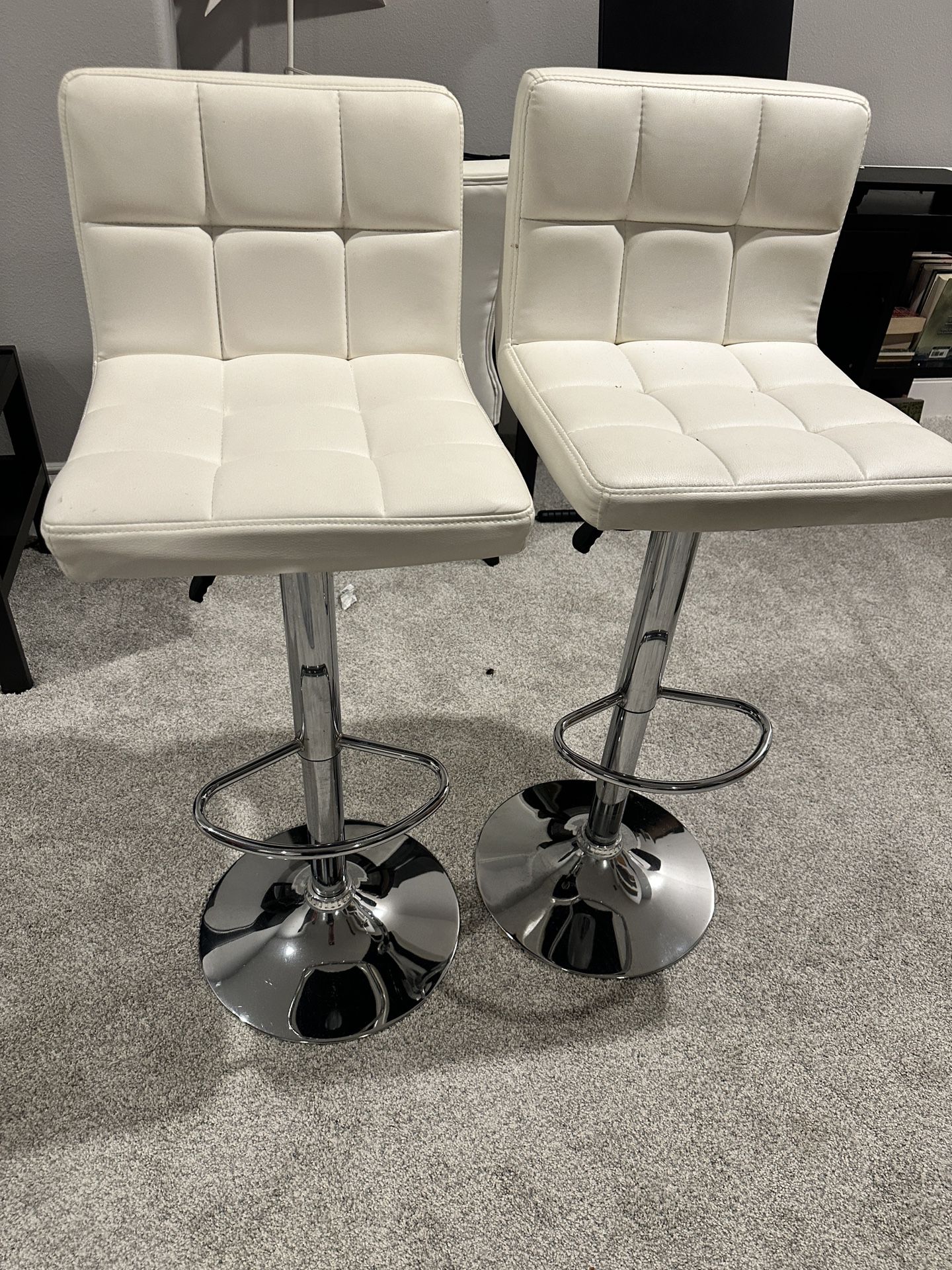 Two White Leather Bar Stools