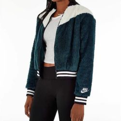 Nike Sportswear Sz large Women's Jacket Wolf Sherpa Bomber Green Furry