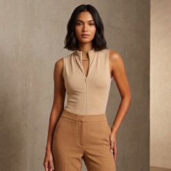 EXPRESS Beige Sleeveless Ribbed Bodysuit Mock Neck Front Zipper XS Minimalist