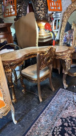 Versace style beautiful Marble, Desk with gold leaf base