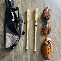 Baseball Equipment, Wooden Baseball Bat And Leather Gloves Bag Included 