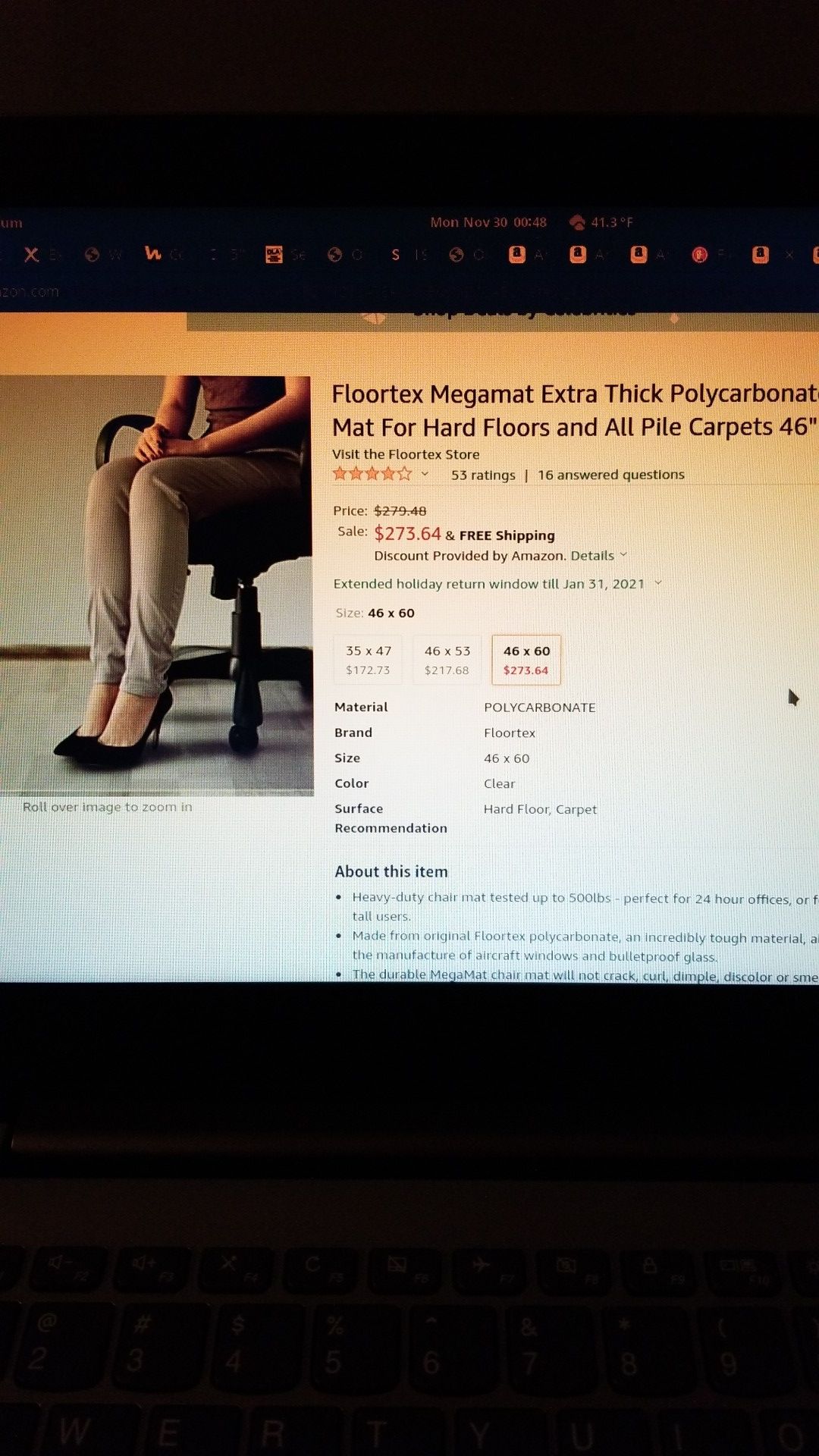 Floor tex Megamat Extra Thick polycarbonate chair mat for hard Floors and All pile carpets 46"x60"