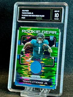 2021 Prizm 💥 Travis Etienne Jr. 💥 Rookie Gear Neon Green Pulsar Prizm GMA 10 💎 Mint - Jacksonville Jaguars / New Orleans Saints