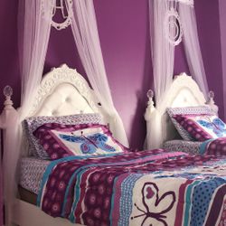 Two Girls Twin Beds, Dresser, Curtains, Chandelier And Matching Accessories 