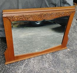 Antique Vintage Art Deco Carved Mirror Oak 1930s Dresser Buffet Vanity Desk Cabinet Sideboard 001
