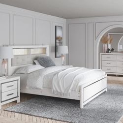 Altyra White Upholstered Bookcase LED Panel Bedroom Set 