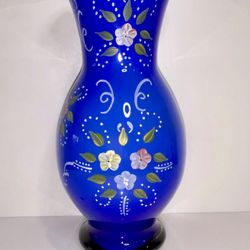 Vintage Cobalt Glass 10” Vase With Hand Painted Flower Design Gold Trim Nice!