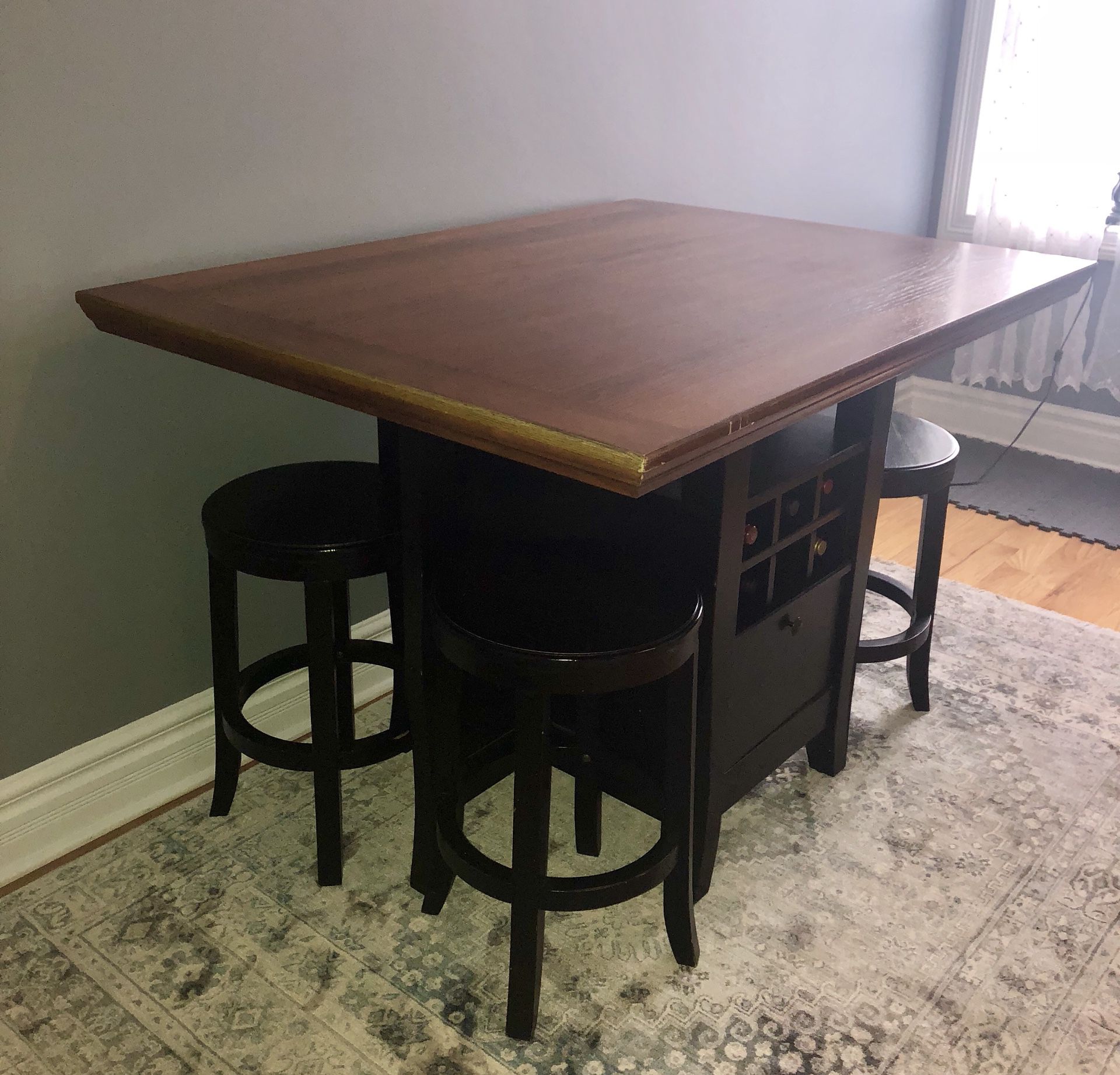 Table with storage and 12 Wine Bottle Holder W/ 4 stools included