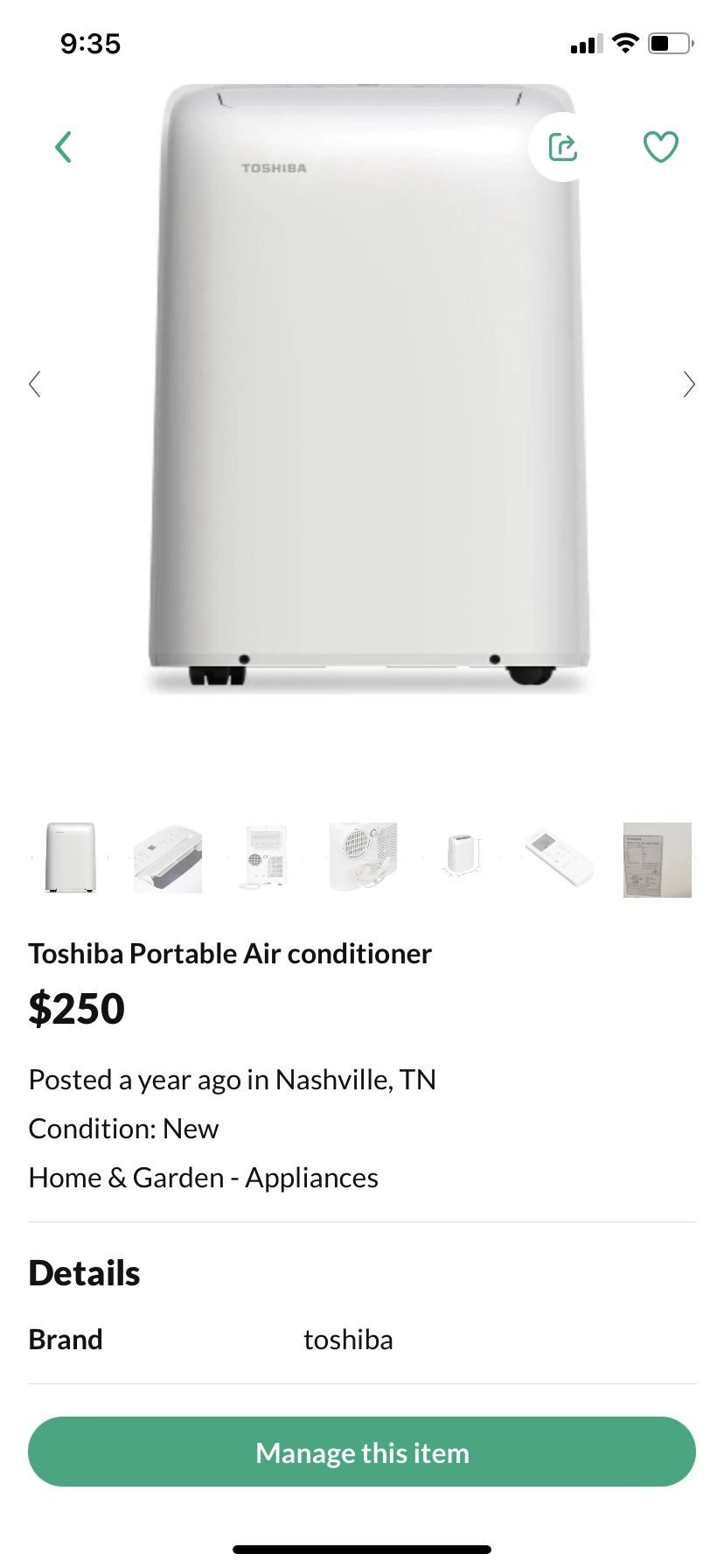 Toshiba portable Air Conditioner 12000 Btu