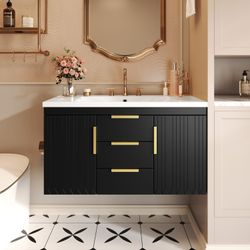 36'' Wall Mounted Bathroom Vanity with Resin Sink, Floating Bathroom Storage Cabinet with 2 Drawers, Solid Wood Bathroom Cabinet (Same as N710S236003B