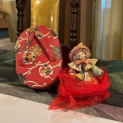 Vintage Aged Loved Paper Mache Lot Asian Shoe Box TLC Baby Doll French Clown 