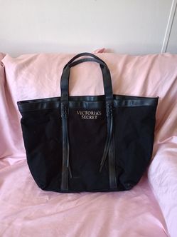 Victoria's Secret Black Canvas Faux Leather Fringe Tote Bag