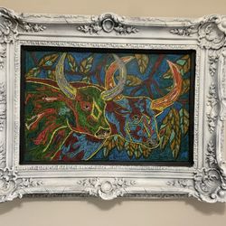 Fraimed Long Horns Oil On Glass Framed