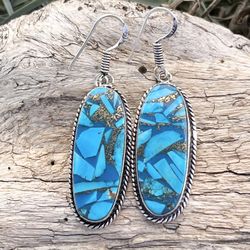 Copper Turquoise Mosaic 925 Silver 2” Earrings-AE57659