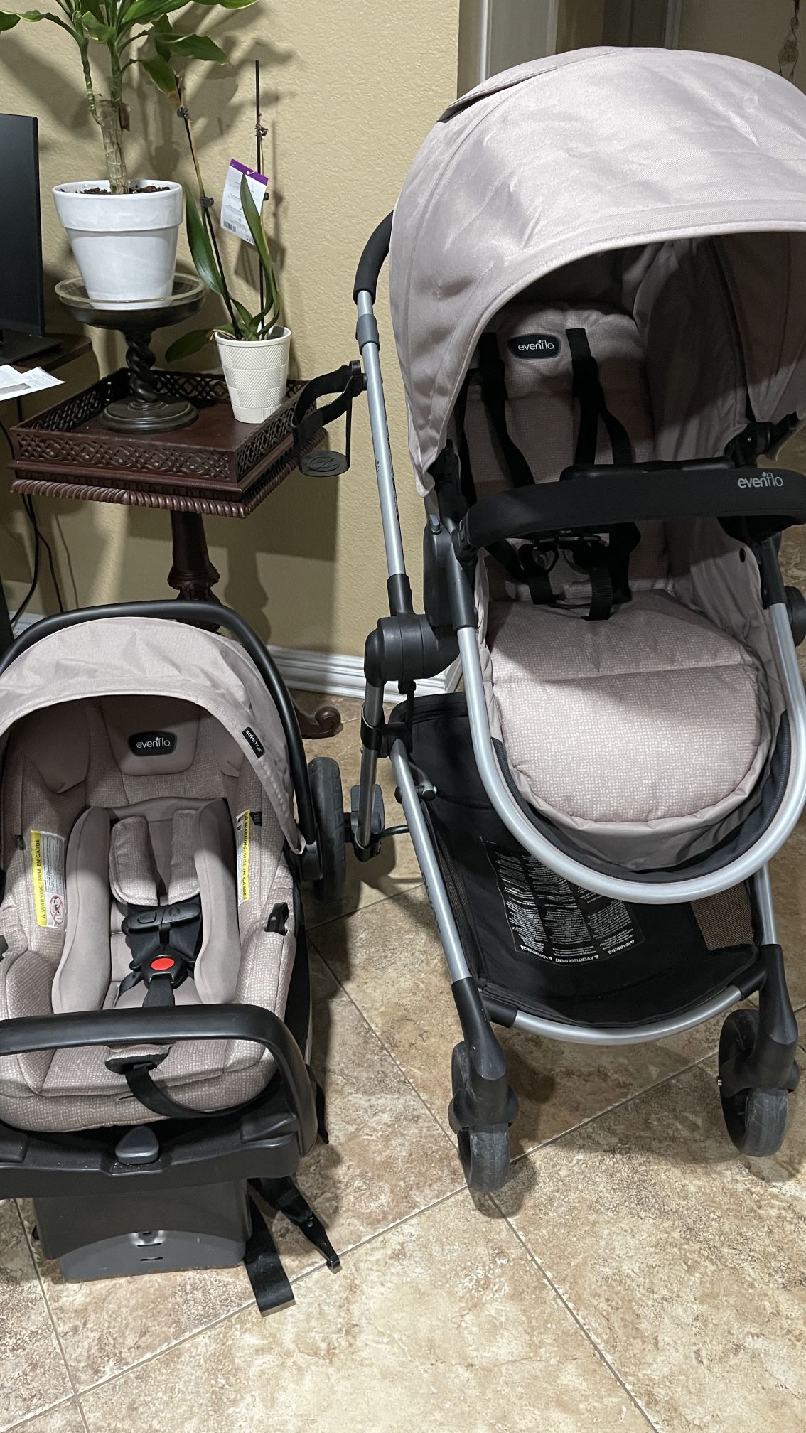 Evenflo Pivot Modular Travel System stroller with litemax infant car seat In desert Tan Color 
