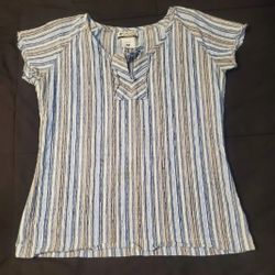 Columbia Blouse Top Women's Size M Blue Brown Plaid Round-Neck ShortSleeve Shirt