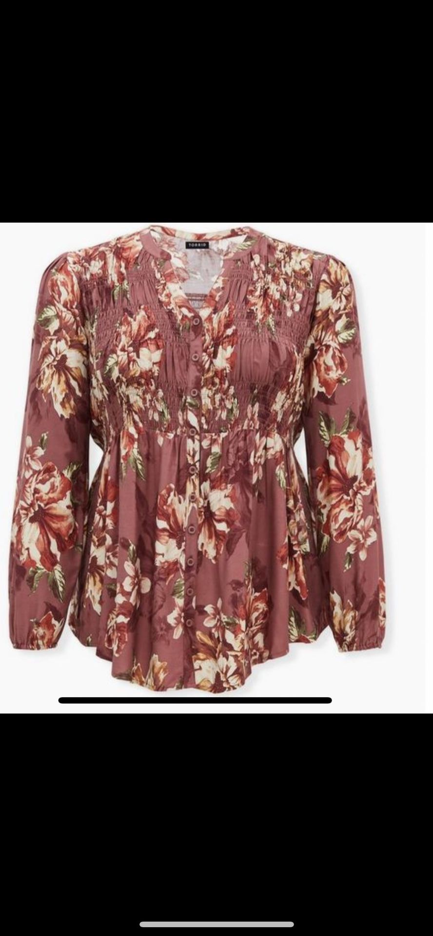 Babydoll Twill Smocked Button Front Tunic Top