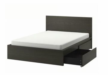 IKEA MALM Queen Bed Frame w/ 2 Storage Drawers, Dark-Brown — Like New