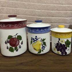 Ceramic Kitchen Canister Set - Herman Dodge & Son Inc 3 Piece Fruit Design 