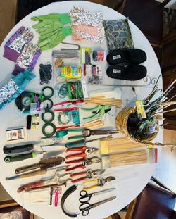Gardening Clippers/Tools, Stakes, Rubber Bands, Ties, Plant Labels, Gloves, Sandals, Basket, Tubes, Clay, Glass Beads,& More.