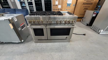JennAir RISE 48” Dual-Fuel Professional Range with Chrome-Infused Griddle Model: JDRP548HL01 Condition: Like New Store Warranty: Included Price Today: