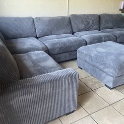Large Grey Sectional Sofa - Plush Corduroy Fabric
