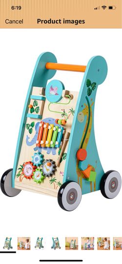 Teamson Kids Preschool Play Lab Wooden Baby Walker and Activity Station, Natural/Blue