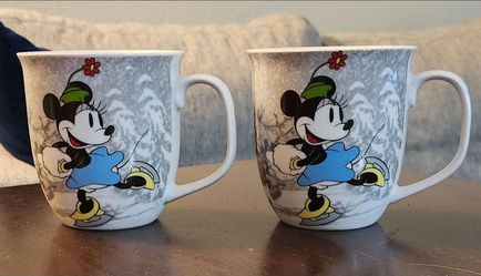 Set of 2 Disney "Mickey’s Vintage Holiday" Christmas Coffee Mugs - Minnie & Mickey Ice Skating