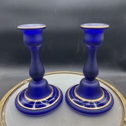 Pair Of Tiffin Satin Glass Royal Blue Gold Rim Candle Holders 6.5” VG c1(contact info removed)