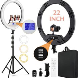 22" LED Ring Light, with 75" Tripod/LCD Display/3+1 Phone Clips/ 2 USB Ports/Wireless Remote, Adjustable 2600K-6500K Color Temperature, for YouTube Fa