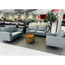 3 Pc Linen Stationary Tufted Seat Living Room Set w/ Cylinder Throw Pillows ( Sofa + Loveseat +Chair ) // Limited Time Offer 