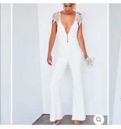 Stone Cold Fox White Lace-Sleeve V-Neck Jumpsuit