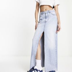 Stradivarius Denim Midi Skirt Front Split Midwash Blue Raw Hem Size 32