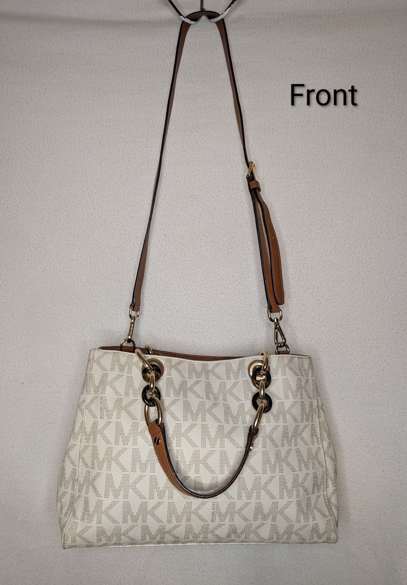 Michael Kors Beige Brown Logo Satchel with Gold Chain & Detachable Strap