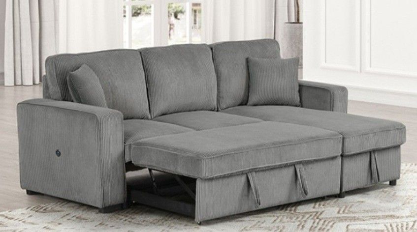 Brand New Grey Corduroy Sectional Sofa Storage Sleeper