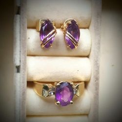 Amethyst Set Gold And Diamond Ring And Earrings 