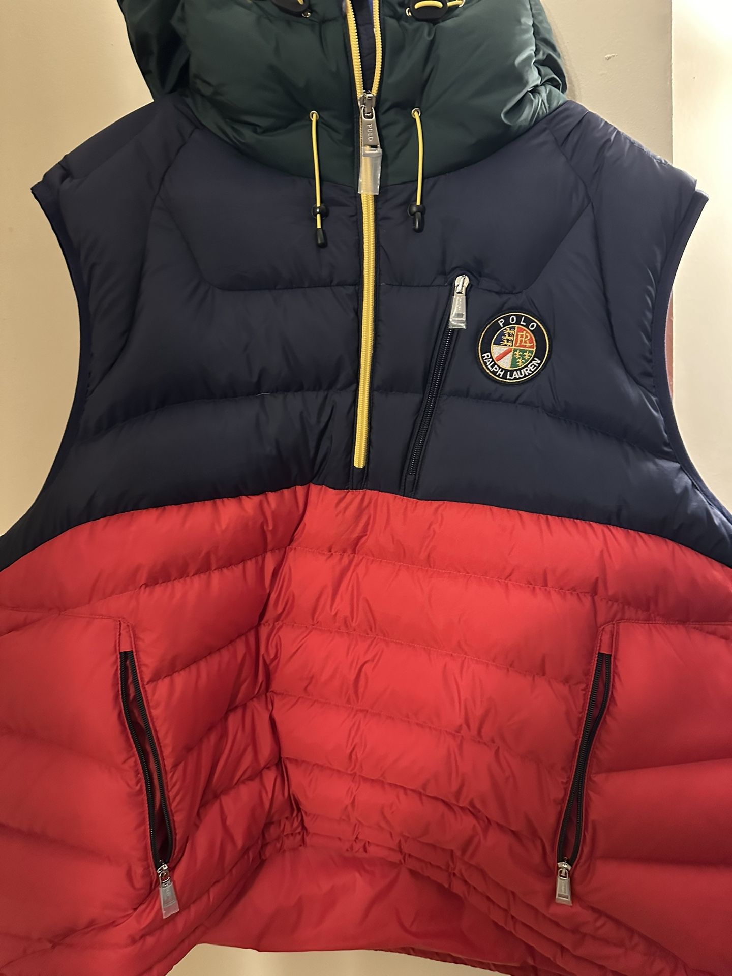 Polo Ralph Lauren Mens Large Big Cookie Crest Down Puffer Hooded Vest 