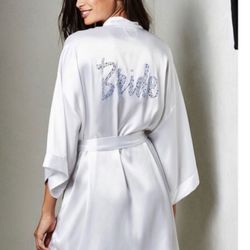 Victorias Secret Bride Rhinestone Bling White Shiny Satin Robe One Size
