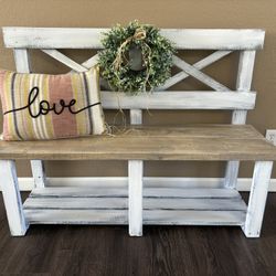 💜 Backrest bench farmhouse rustic distressed farm style dining hallway entryway mud room porch