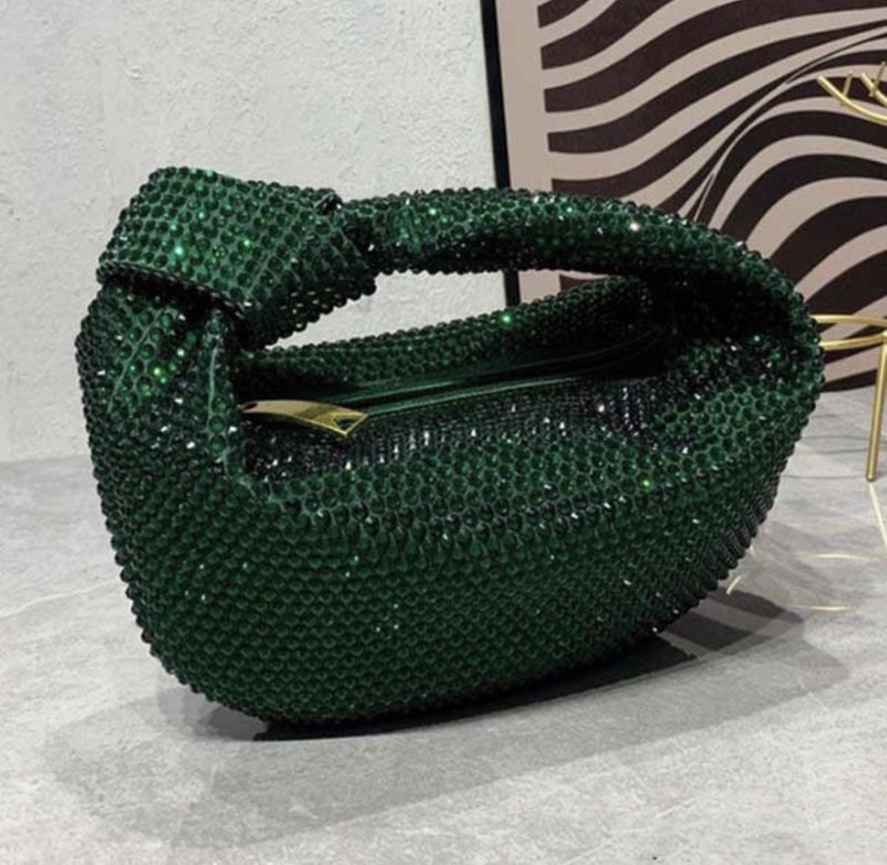 Green Rhinestone Sparkling Dinner Bag Totes Han Party handbags shining Diamond Knotted handle clutch leather
