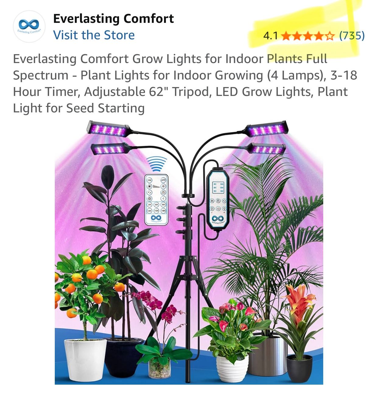 Everlasting Comfort Grow Lights for Indoor Plants Full Spectrum - Plant Lights for Indoor Growing (4 Lamps), 3-18 Hour Timer, Adjustable 62" Tripod, L