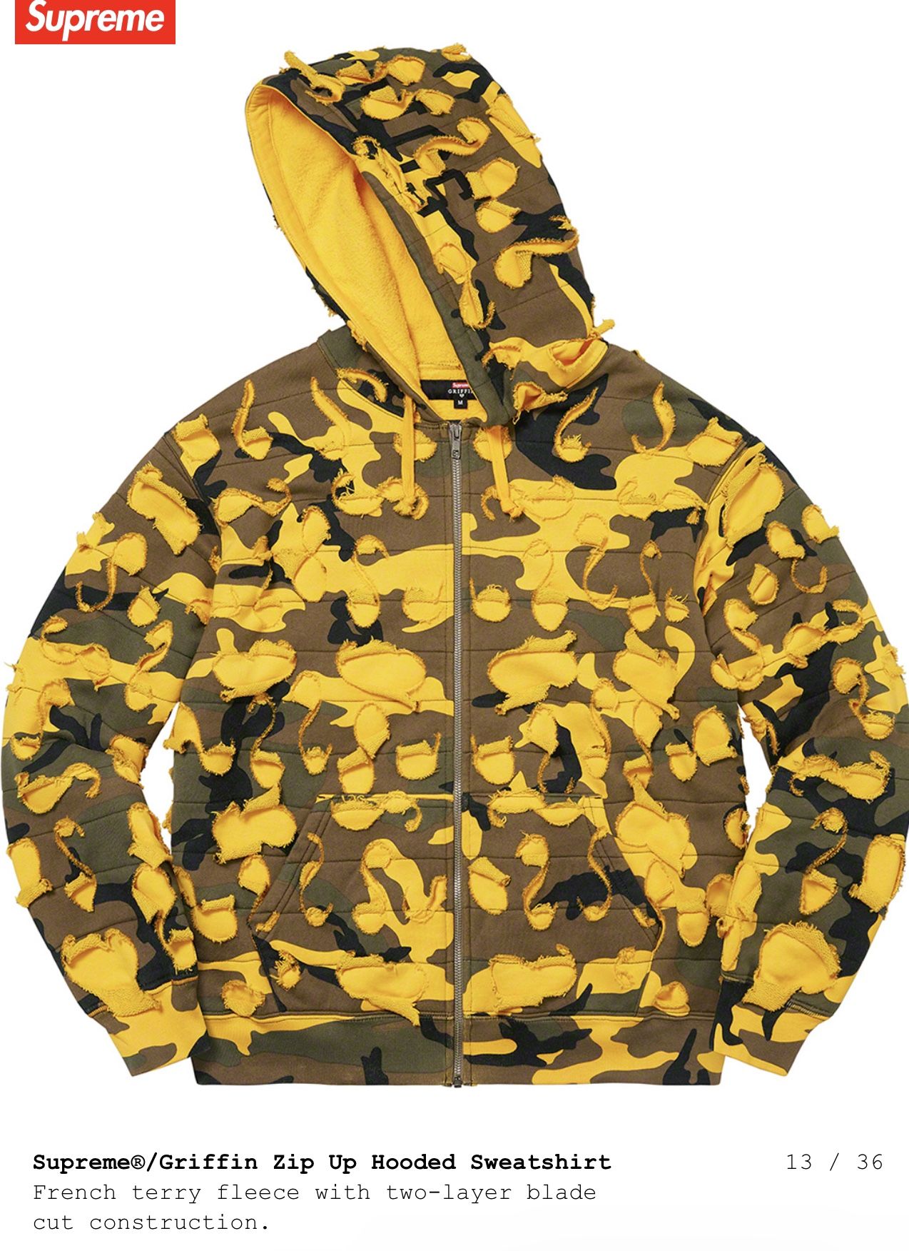 Supreme x Griffin Zip Up Hoodie Large Yellow