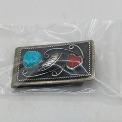 Turquoise and Coral stones Silver Money Clip, coral stone has a deep scratch 