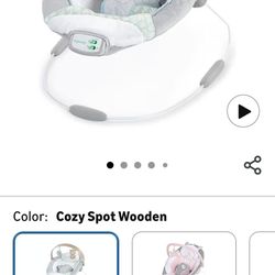 Ingenuity Cozy Spot Soothing Baby Bouncer with Wooden-Toy Arch, Natural Rubber-Toy, Safety Harness, Music & Auto-Shutoff, 0-6 Months, Grey